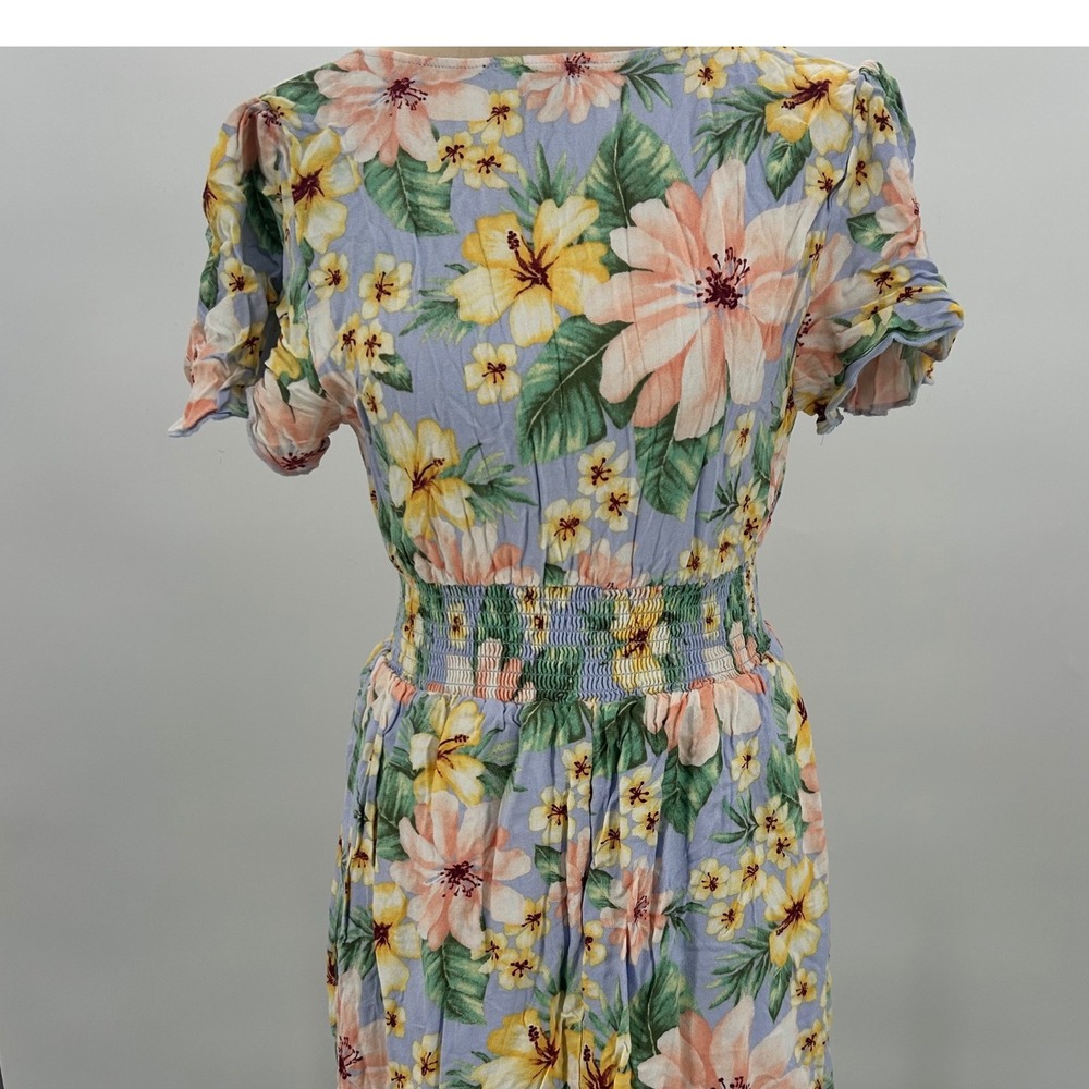 Forever 21 Womens Floral Mini Dress Blue Tropical Hibiscus Smocked Waist‎ Size M
